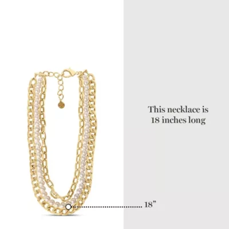 Three Strand Pearl and Chain Necklace In Gold