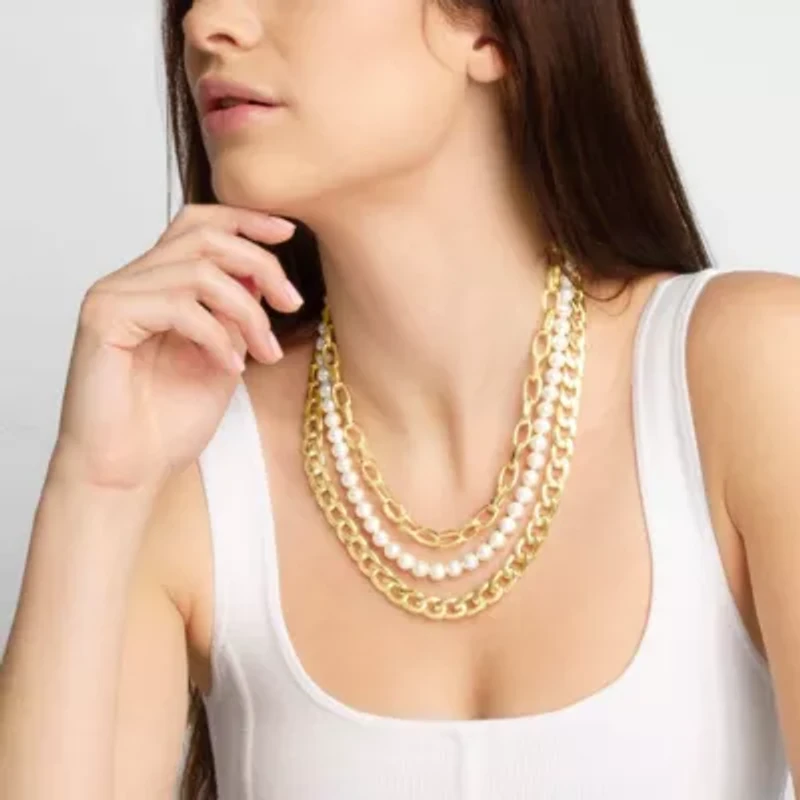 Three Strand Pearl and Chain Necklace In Gold