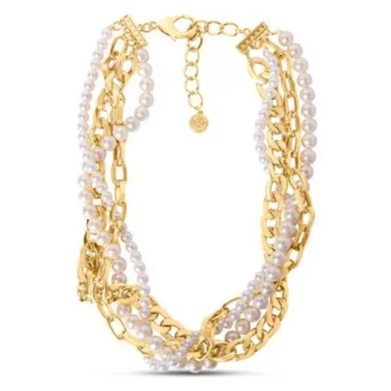 Four Twisted Strand Pearl and Chain Necklace In Gold