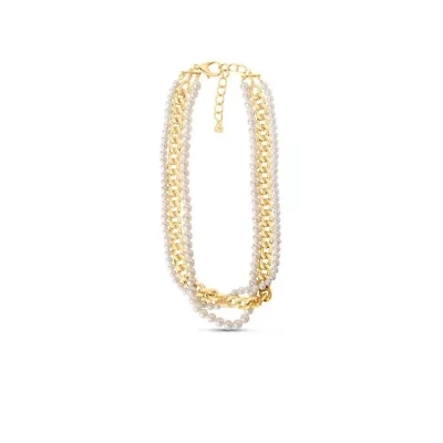 Four Twisted Strand Pearl and Chain Necklace In Gold, Long