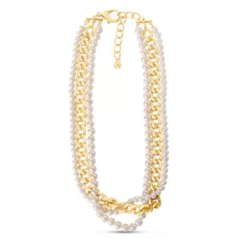 Four Twisted Strand Pearl and Chain Necklace In Gold, Long