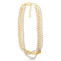 Four Twisted Strand Pearl and Chain Necklace In Gold, Long
