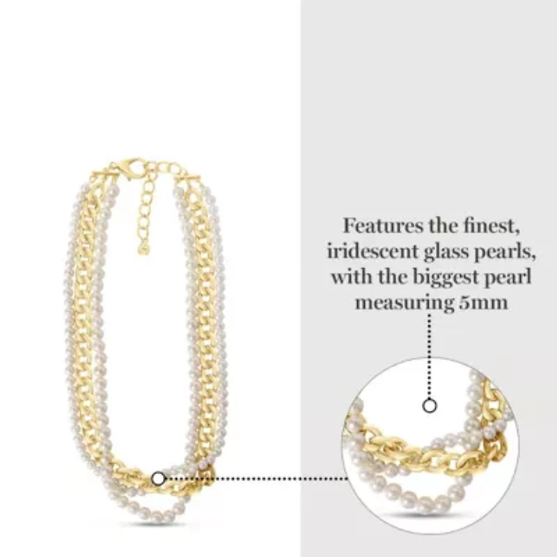 Four Twisted Strand Pearl and Chain Necklace In Gold, Long