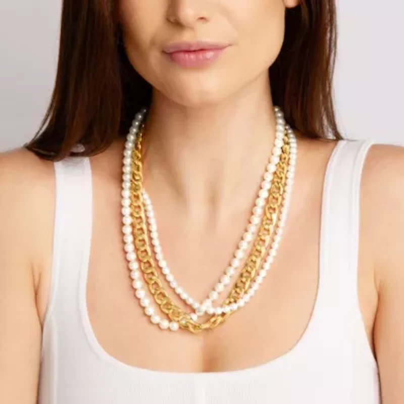 Four Twisted Strand Pearl and Chain Necklace In Gold, Long