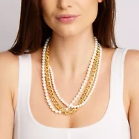 Four Twisted Strand Pearl and Chain Necklace In Gold, Long