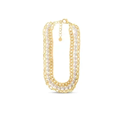 Three Strand Pearl and Chain Necklace In Gold