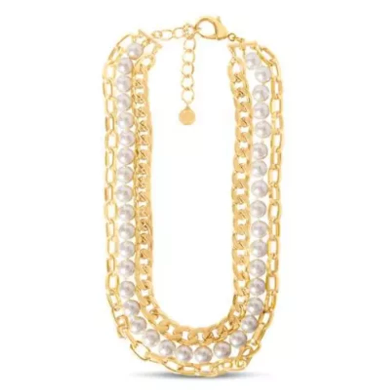 Three Strand Pearl and Chain Necklace In Gold