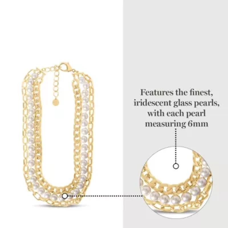 Three Strand Pearl and Chain Necklace In Gold