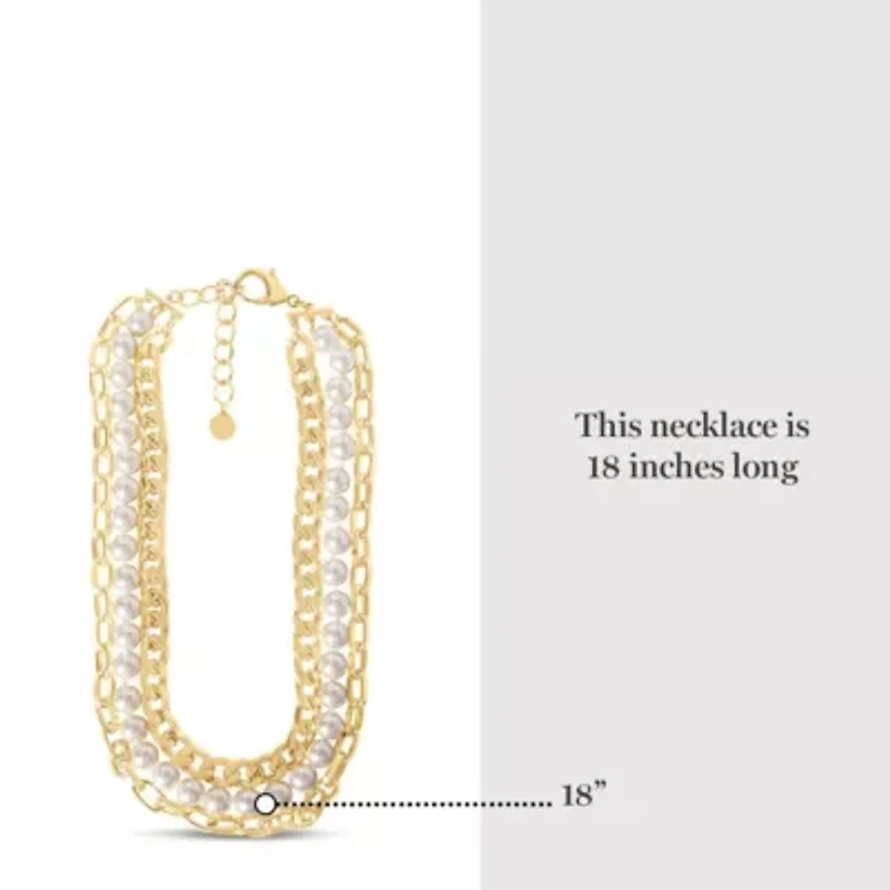 Three Strand Pearl and Chain Necklace In Gold