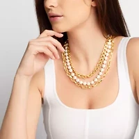 Three Strand Pearl and Chain Necklace In Gold