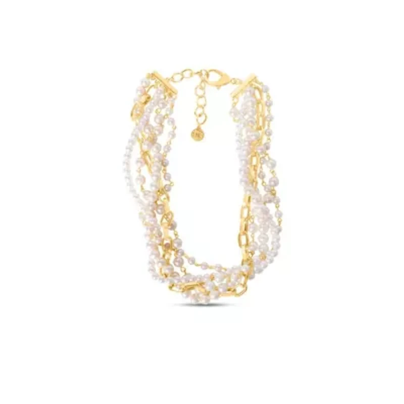Five Twisted Strand Pearl and Chain Necklace In Gold
