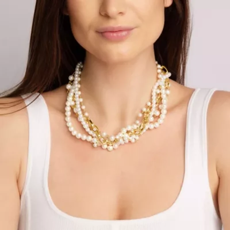 Five Twisted Strand Pearl and Chain Necklace In Gold