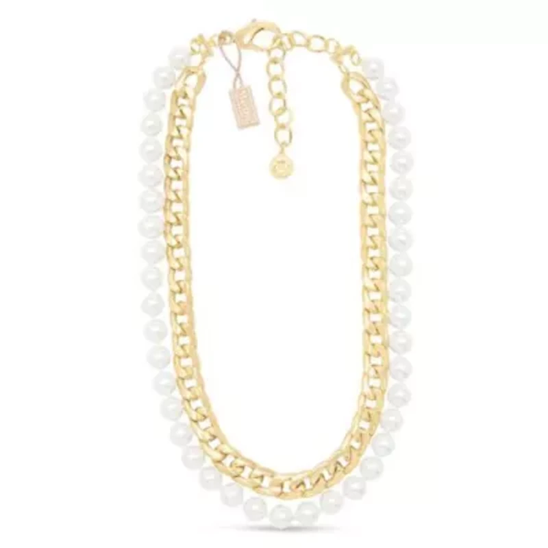 Pearl and Curb Chain Necklace In Gold, 16 Inches For Women