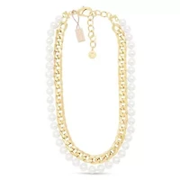 Pearl and Curb Chain Necklace In Gold, 16 Inches For Women
