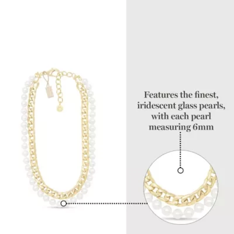 Pearl and Curb Chain Necklace In Gold, 16 Inches For Women