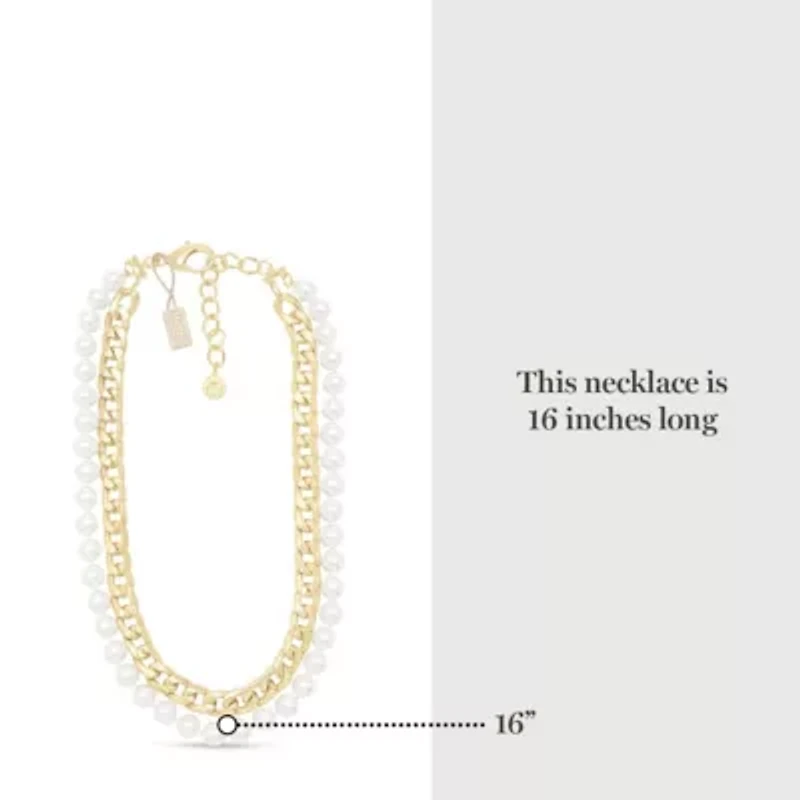Pearl and Curb Chain Necklace In Gold, 16 Inches For Women