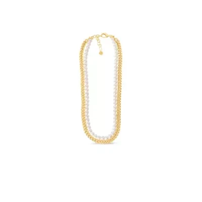 Pearl and Curb Chain Necklace In Gold, 24 Inches For Women