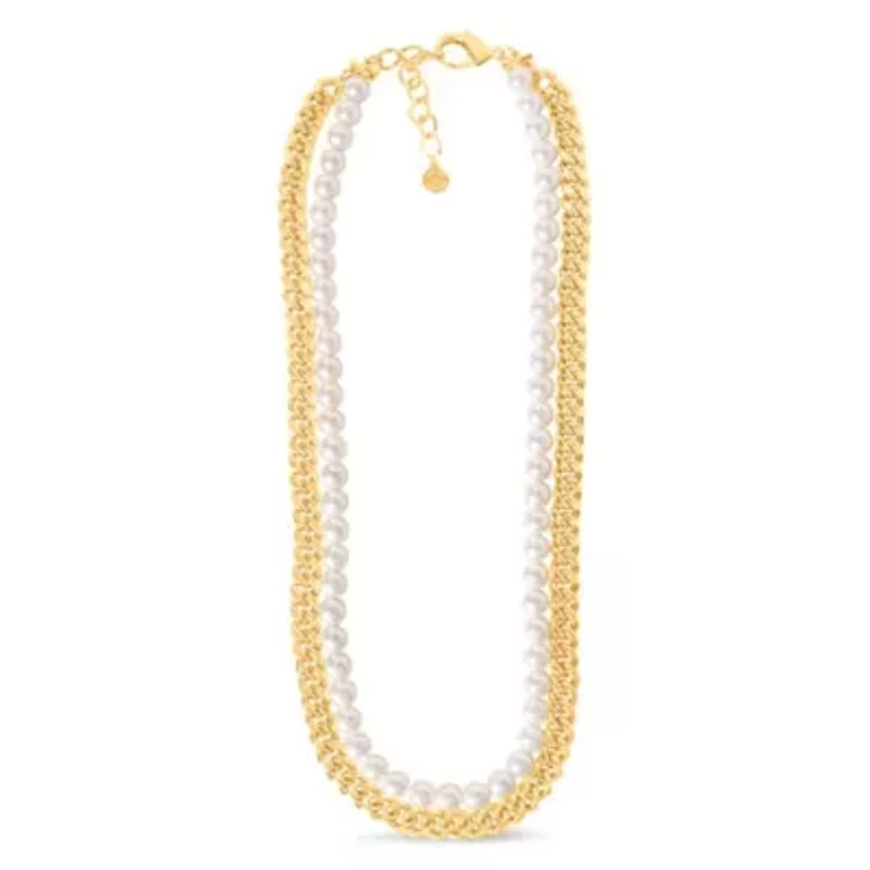 Pearl and Curb Chain Necklace In Gold, 24 Inches For Women