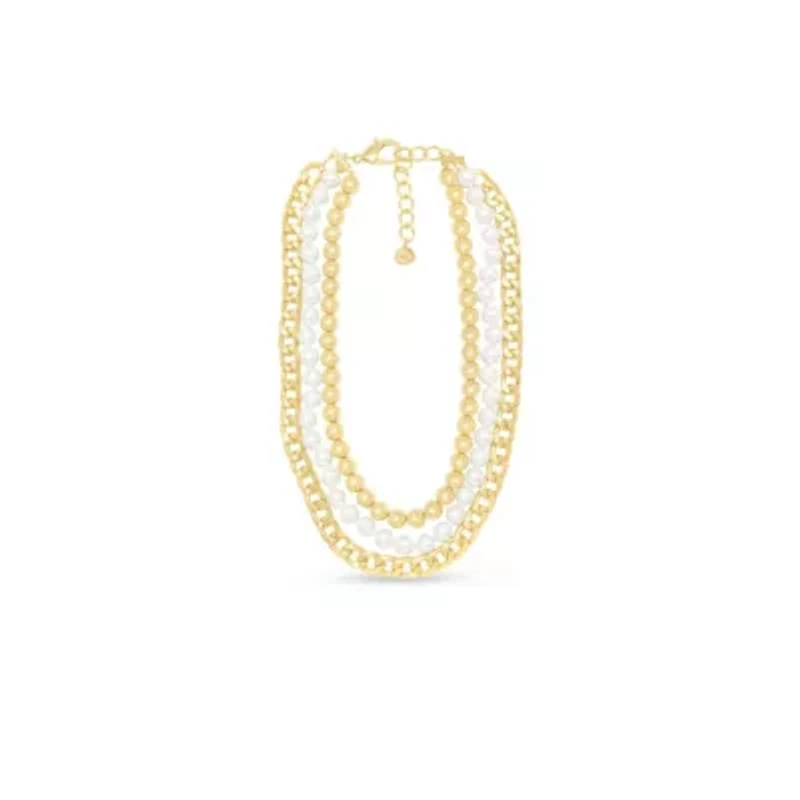 Three Strand Pearl, Gold Ball and Chain Necklace In Gold, 18 Inches For Women