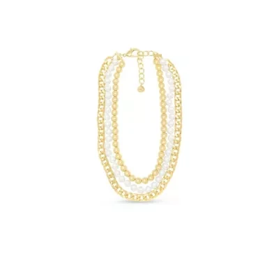Three Strand Pearl, Gold Ball and Chain Necklace In Gold, 18 Inches For Women