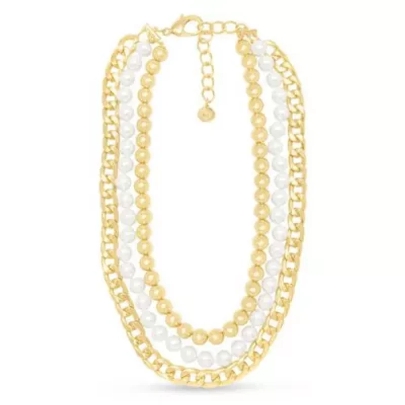 Three Strand Pearl, Gold Ball and Chain Necklace In Gold, 18 Inches For Women