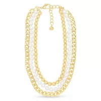 Three Strand Pearl, Gold Ball and Chain Necklace In Gold, 18 Inches For Women