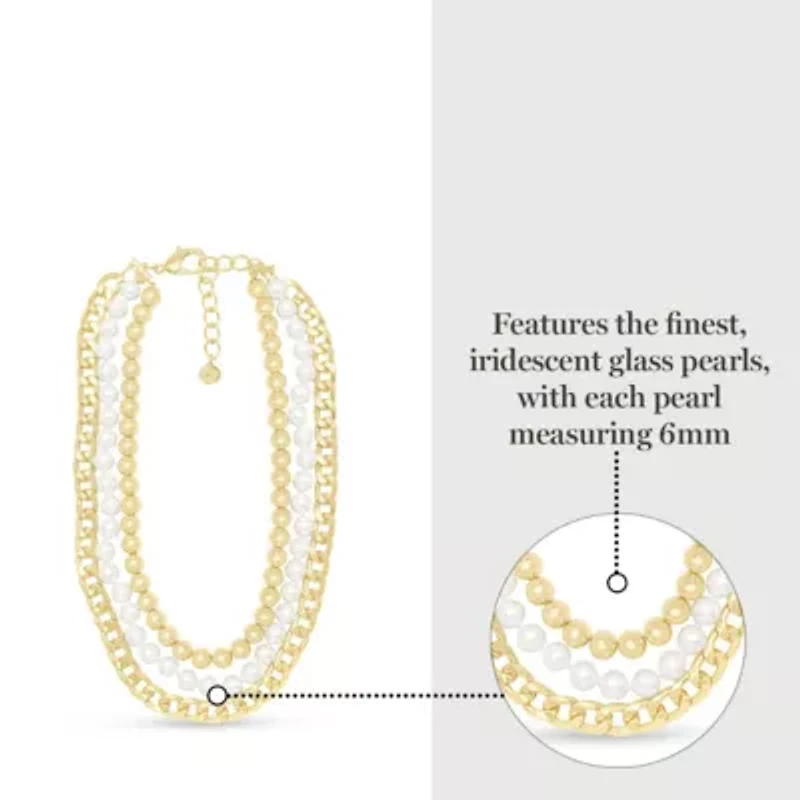Three Strand Pearl, Gold Ball and Chain Necklace In Gold, 18 Inches For Women