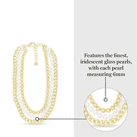 Three Strand Pearl, Gold Ball and Chain Necklace In Gold, 18 Inches For Women
