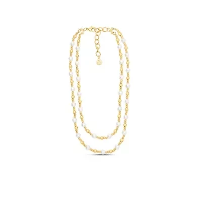 Two Strand Pearl and Gold Ball Necklace, 20 Inches For Women
