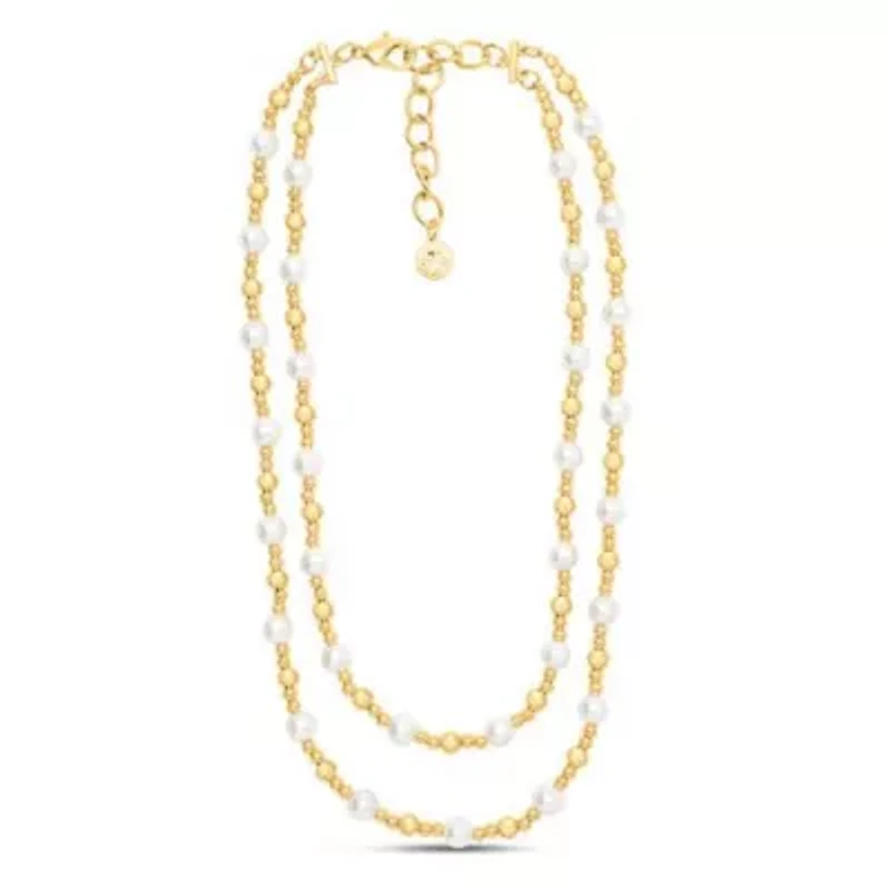 Two Strand Pearl and Gold Ball Necklace, 20 Inches For Women