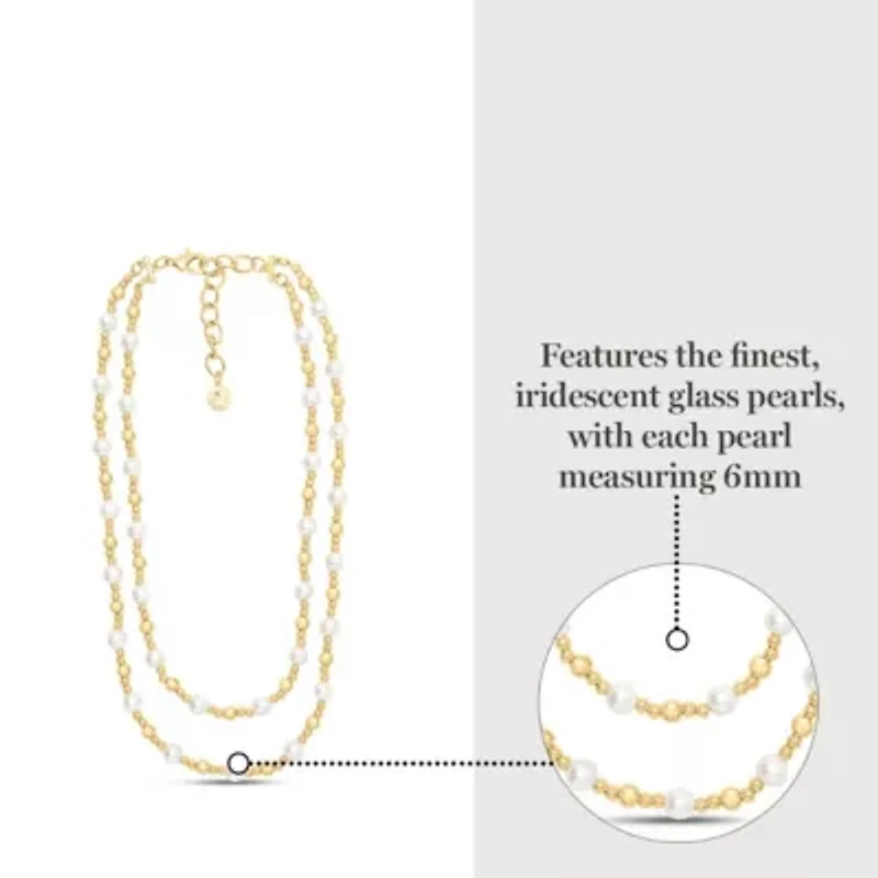 Two Strand Pearl and Gold Ball Necklace, 20 Inches For Women