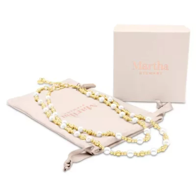 Two Strand Pearl and Gold Ball Necklace, 20 Inches For Women