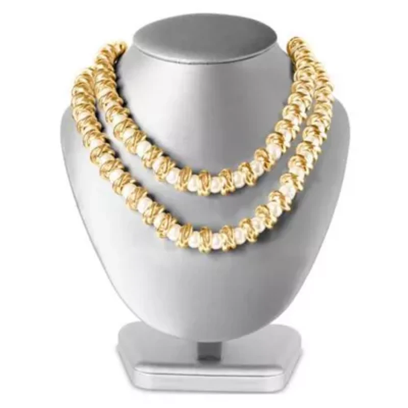 Elegant Two Strand Gold and Pearl Necklace, 18 Inches For Women