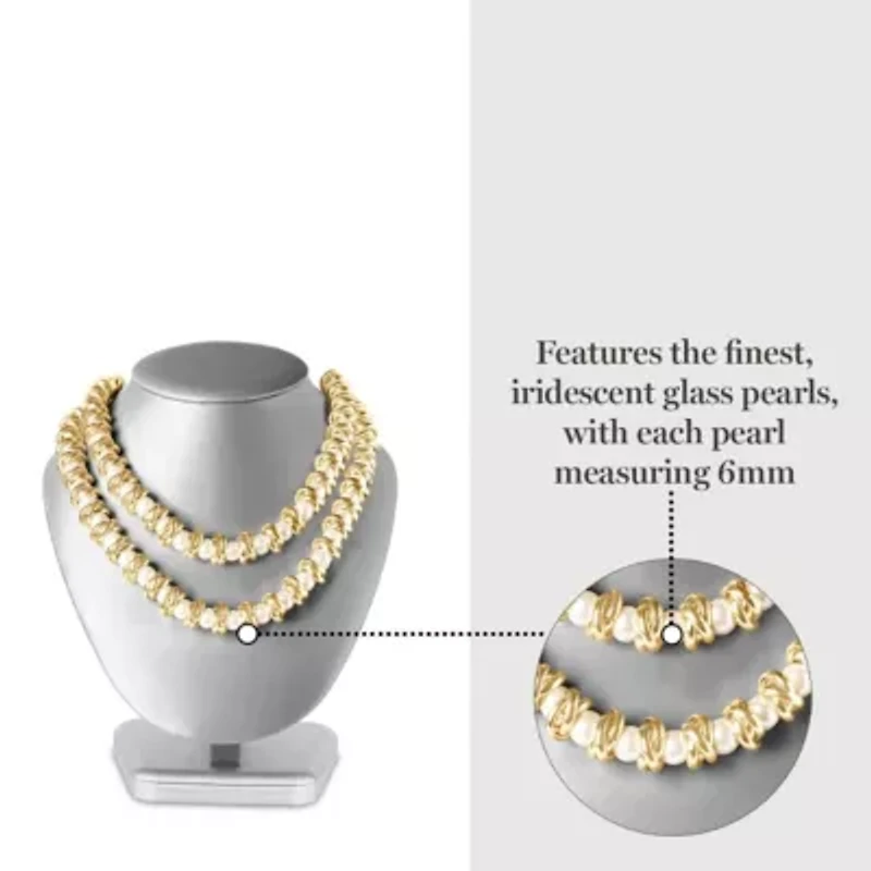 Elegant Two Strand Gold and Pearl Necklace, 18 Inches For Women