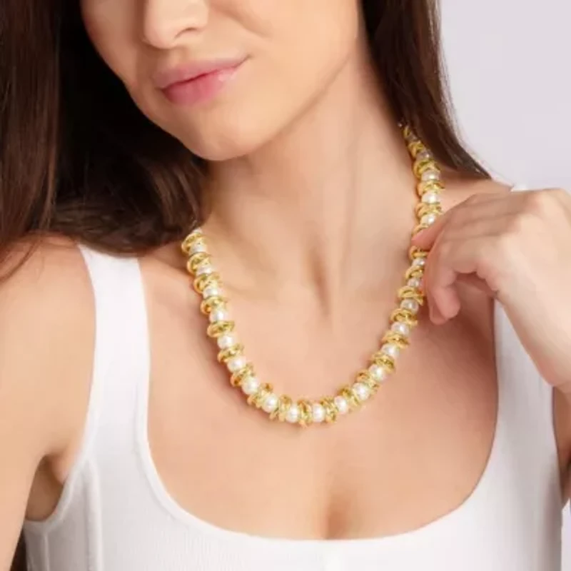 Elegant Two Strand Gold and Pearl Necklace, 18 Inches For Women