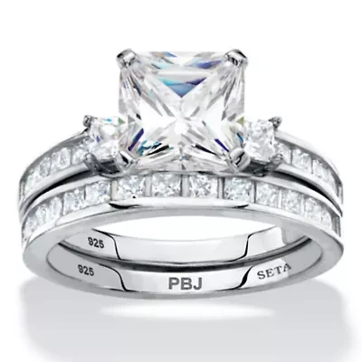 3.62 Cttw 2-Piece Platinum Plated .925 Silver Cubic Zirconia Wedding Ring Set