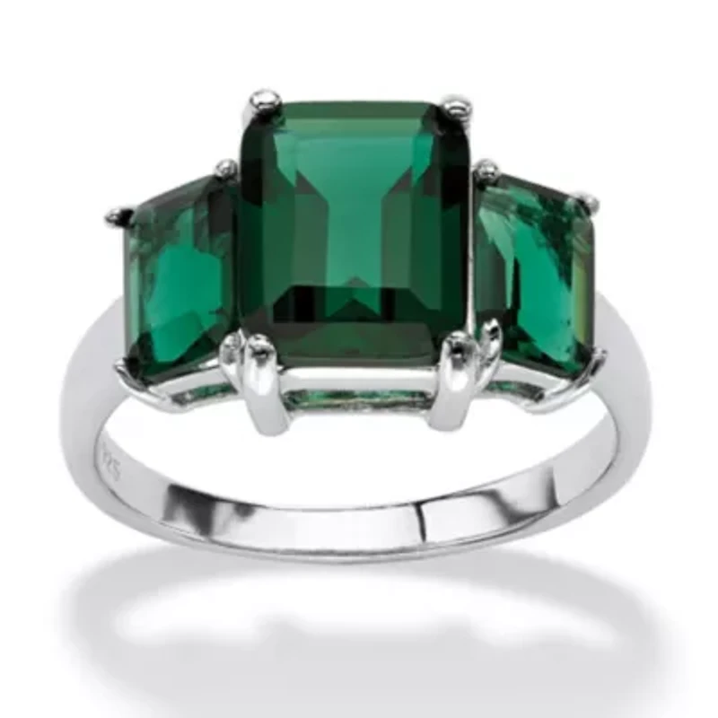 Emerald-Cut Simulated Green Emerald .925 Sterling Silver 3-Stone Ring