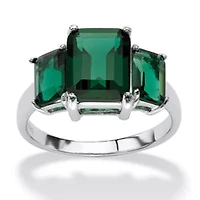 Emerald-Cut Simulated Green Emerald .925 Sterling Silver 3-Stone Ring