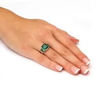 Emerald-Cut Simulated Green Emerald .925 Sterling Silver 3-Stone Ring