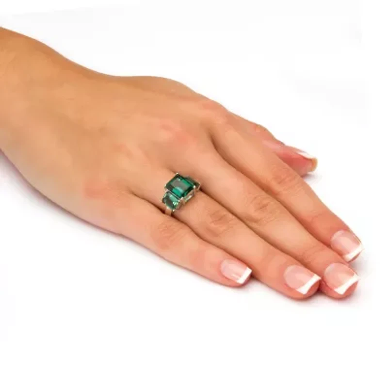 Emerald-Cut Simulated Green Emerald .925 Sterling Silver 3-Stone Ring