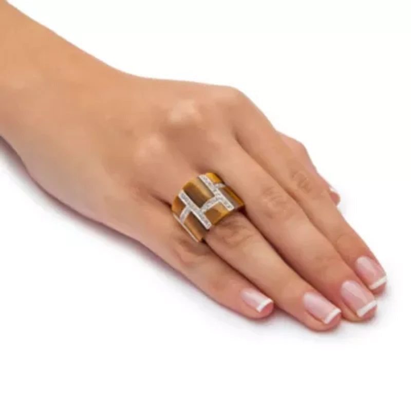 .46 TCW Emerald-Cut Tiger's Eye Cubic Zirconia Accent Gold-Plated Ring