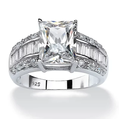 4.95 TCW Emerald-Cut Cubic Zirconia Ring Platinum-plated Sterling Silver