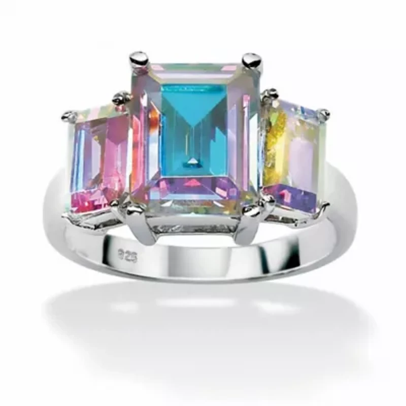 5.60 Cttw. Emerald-Cut Aurora Borealis Cubic Zirconia Sterling Silver Ring