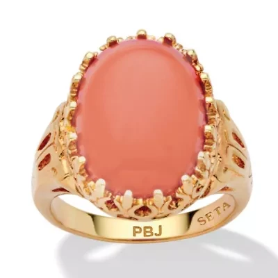 Oval Simulated Coral Yellow Gold-Plated Cocktail Ring