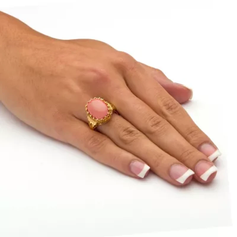 Oval Simulated Coral Yellow Gold-Plated Cocktail Ring