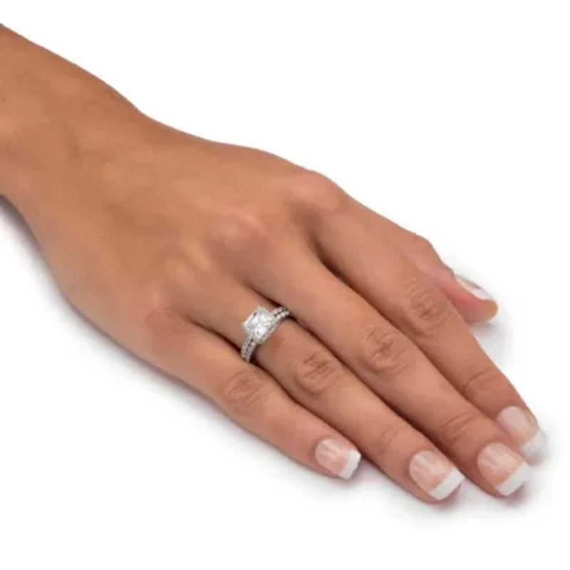 1.97 Cttw. Solid 10k White Gold Square Cubic Zirconia 2-Piece Wedding Ring Set