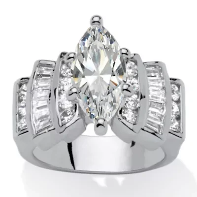 3.63 TCW Marquise-Cut Cubic Zirconia Silvertone Step Top Engagement Ring