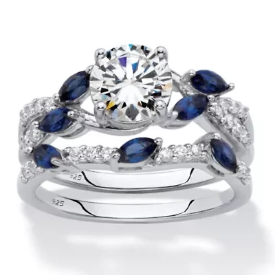 Lab Created 2.63 TCW Platinum-plated Sterling CZ and Lab-Created Sapphire Wedding Ring Set