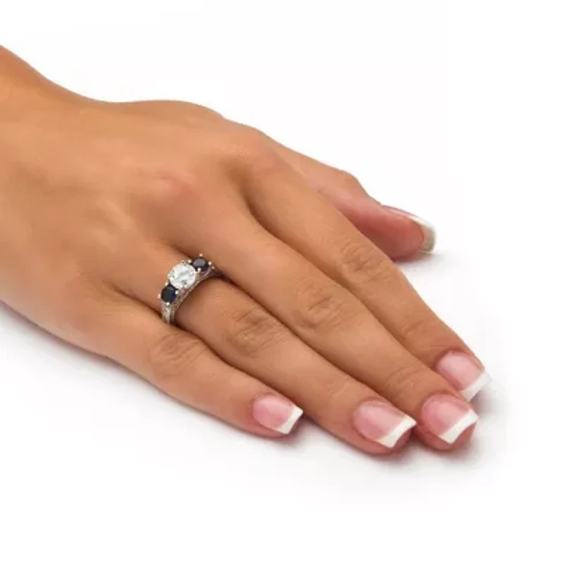 2.47 Cttw. Cubic Zirconia and Simulated Sapphire Sterling Silver 3-Stone Ring
