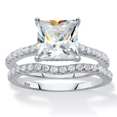 2.51 Cttw. Cubic Zirconia Platinum-plated Silver 2-Piece Bridal Ring Set